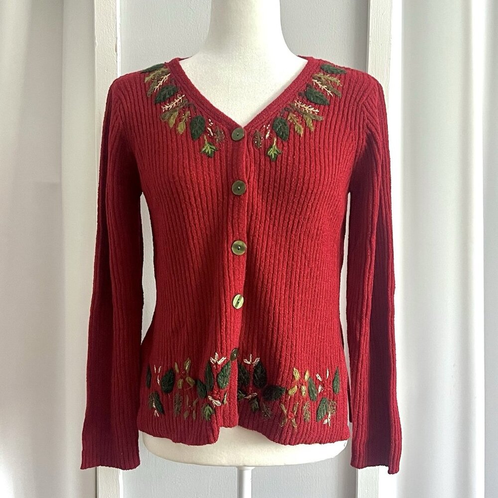Vintage April Cornell Red Green Leaf Embroidered Ribbed Cardigan Sweater sz S
